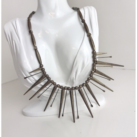Antiqued Brass Tone Spike Fringe Statement‎ Necklace Industrial Punk Collar J-01 - Picture 2 of 11
